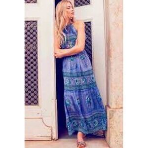 Anthropologie Bell Blue Floral Sleeveless Tassel Tiered Maxi Dress SMALL Boho